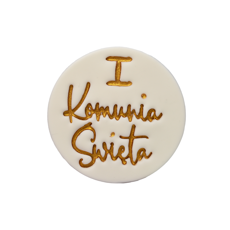 Dekoracja cukrowa tabliczka komunijna złoty napis I Komunia Święta- CUK503